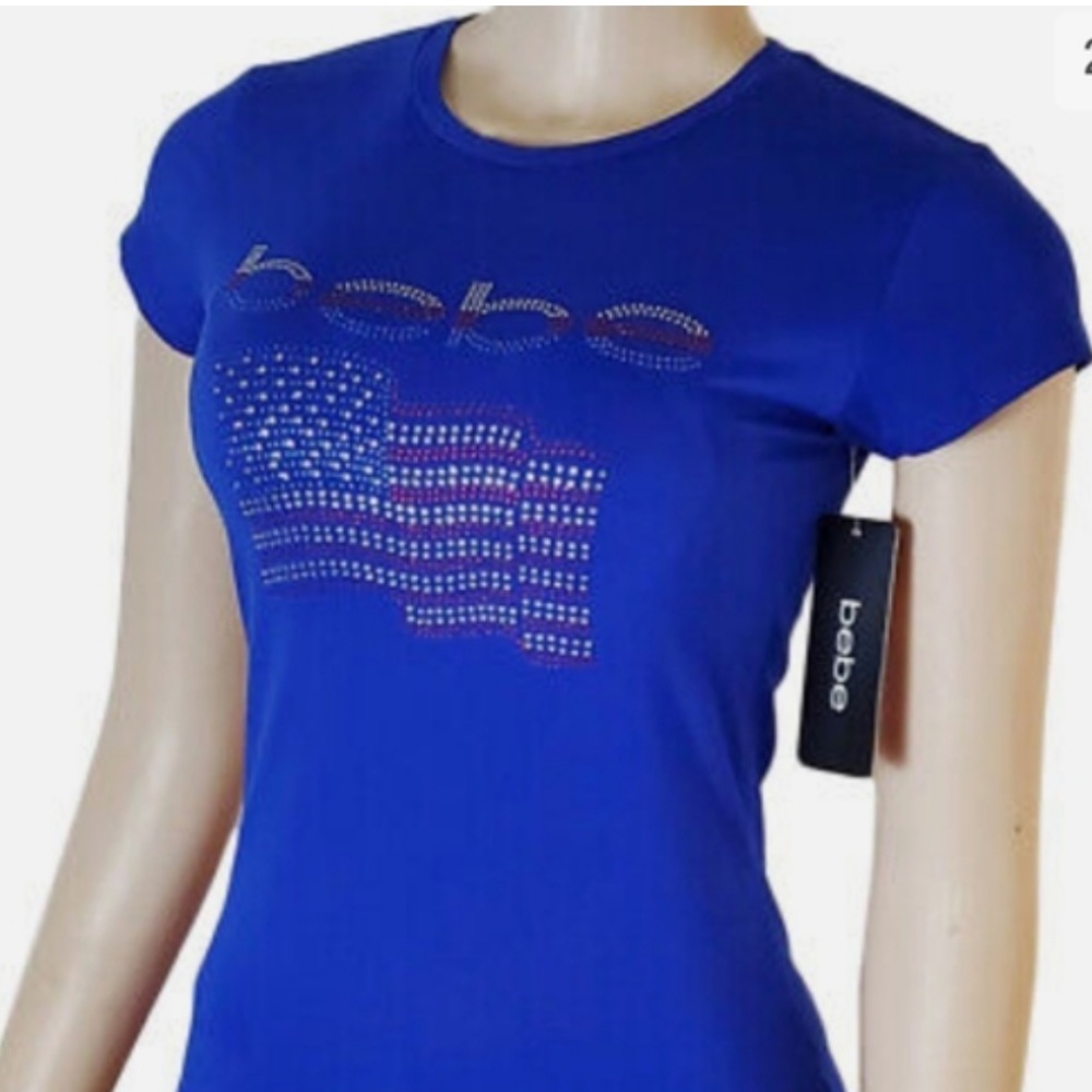 Bebe American Flag Embellished Royal Blue T-Shirt GUC Sz XL